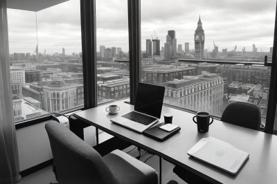 london, office, remote work, view, laptop, coffee cup, day, business, workspace, river, skyscraper, urban, desk, lighting, nature, daylight, sense of calm, reading, diary, outdoor view