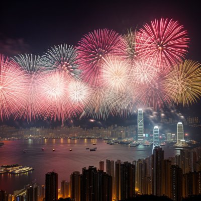 fireworks, hong kong, city, cityscape, skyline, night, asian, skyscraper, buildings, river, water, red fireworks, reflection, illuminated building, night sky, new year fireworks, celebration, tourist attraction, nature, party celebration, spectacular fireworks, urban night