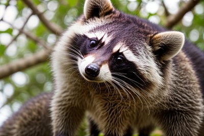 raccoon, wildlife, animal, mammal, animal in nature, tree, tree trunk, animal portrait, cute, evening light, nature, gaze, striking, horizontal, close-up, autumn, magical, gentle, wild, curiosity, dense forest