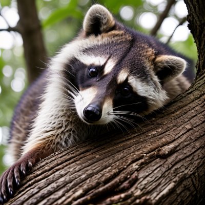 raccoon, wildlife, animal, mammal, animal in nature, tree, tree trunk, animal portrait, cute, evening light, nature, gaze, striking, horizontal, close-up, autumn, magical, gentle, wild, curiosity, dense forest