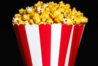 popcorn, red color, black background, yellow color, bucket, red and white stripe, cinema, movie night, snack, refreshment, corn, film, treat, bio component, cinema snacks, nibble, entertainment, kids party, fast food, fun evening