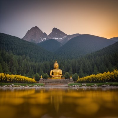 buddha statue, mountains, reflection, landmark, statue, culture, spirituality, peace, nature, sacred places, tourism, sunrise, eastern art, travel, calm, sights, zen, panoramic, religion, tranquility