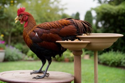 rooster, feeding, bowl, terracotta, wooden, table, garden, poultry, farm, feathers, outdoor, birdseed, animal, nature, plumage, rural life, animal husbandry, leisure, green