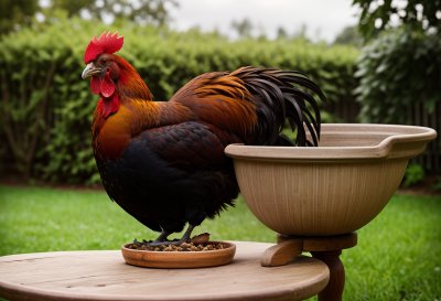 rooster, feeding, bowl, terracotta, wooden, table, garden, poultry, farm, feathers, outdoor, birdseed, animal, nature, plumage, rural life, animal husbandry, leisure, green