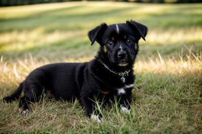 puppy, grass, black dog, countryside, pet raising, sunshine, play, dog on leash, curiosity, barking, pet, walk, animal, light collar, curious look, pets outdoors, nature, dog breed, noble