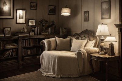 cozy, armchair, lamp, bookshelf, pillow, wall art, decorative, cozy corner, comfortable, painted pictures, blanket, rug, tea cups, books, pleasant atmosphere, curtain, wooden shelf, warm lights, natural materials, vintage style
