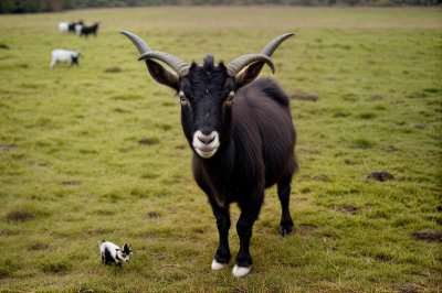 goat, pygmy goat, spot, animal, mammal, horns, black, gray, grass, green, outdoors, farm, cute, pet, agriculture, nature, meadow, animalistic, field, countryside