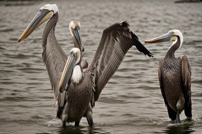 pelican, brown pelican, pelecanus occidentalis, water bird, large beak, feathers, preening, perching, branch, lake, wildlife, animal, nature, animal ecology, natural background, water ecosystem, dove-like bird, ecological significance, animal care, aquatic birds
