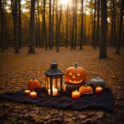 halloween, picnic, pumpkin, autumn, forest, lanterns, nature, decoration, food, pumpkins with lights, autumn leaves, candles, outdoor, picnic basket, fire pit, camp enamel, kitchen, fall decor, urban setting, cozy, tea