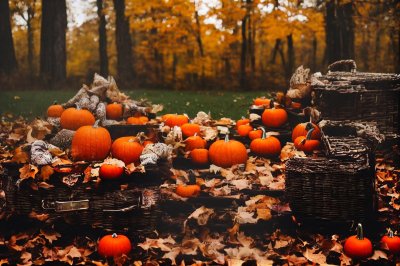 halloween, picnic, pumpkin, autumn, forest, lanterns, nature, decoration, food, pumpkins with lights, autumn leaves, candles, outdoor, picnic basket, fire pit, camp enamel, kitchen, fall decor, urban setting, cozy, tea