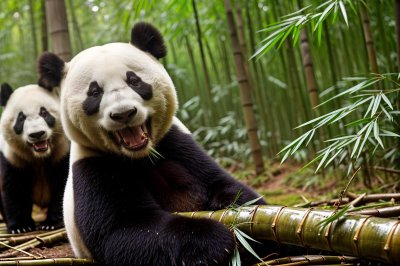 panda, giant panda, eating bamboo, forest, wildlife, cute, green, bamboo, zoo, green forest, animal, smile, nature, mammal, charming, portrait, cute smile, fur, wild animals, consumption