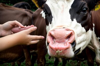 cow, tongue, child, hand, farm, explore, care, contact, curious, love, learning, safety, agriculture, fascinating, interaction, beautiful, play, friendship, charming, knowledge