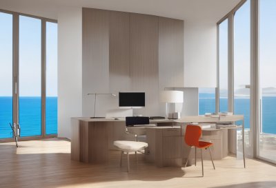 ai generated, office, desk, luxury, modern, ocean, view, workspace, design, furniture, architecture, contemporary, minimalist, seaside, executive, nature, panorama, calm, sun