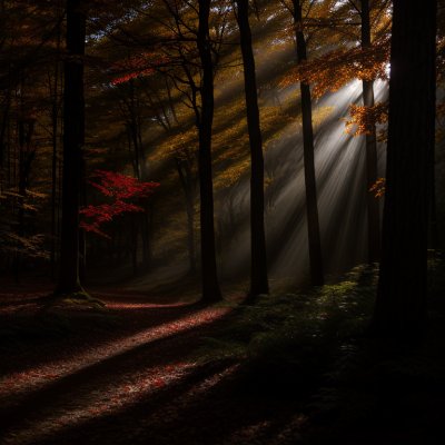 maple, forest, leaves, autumn, sunlight, rays, red, moody, nature, shadows, beams, dark, outdoors, landscape, wet, environment, woodland, foliage, cinematic