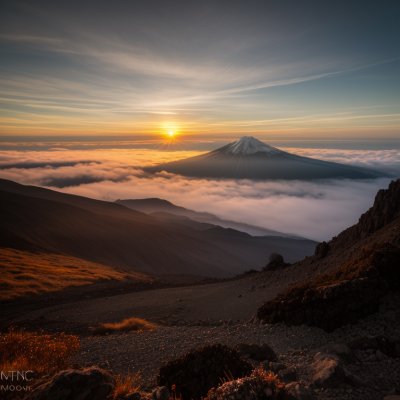 mountains, sunrise, peak, volcano, mist, horizon, nature, morning, panoramic, scenery, ridges, clouds, outdoor, travel, summit, fuji, alpine, wilderness, sky, mountain range, valley