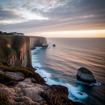 cliffs, ocean, sunset, coast, sea, rocks, horizon, waves, landscape, adventure, view, twilight, water, shoreline, scenery, travel, maritime, mist, geology, nature