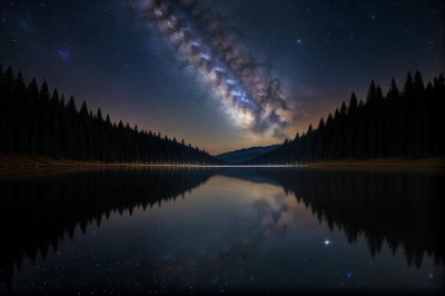 milky way, lake, reflection, night sky, astrophotography, stars, forest, mist, nature, cosmos, sky, galaxy, landscape, pine trees, wilderness, tranquil, astronomy, outdoors, scenic, horizon