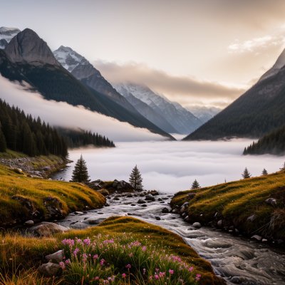 mountain, valley, river, mist, landscape, sunrise, alpine, nature, meadow, wilderness, stream, peaks, fog, scenic, hiking, destination, outdoors, serene, geology, view