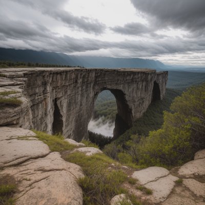 rock, natural bridge, mountains, clouds, sky, hiking, nature, desert, natural formation, geology, pathway, travel, adventure, stones, climate, aridity, rock arch, panorama, monument