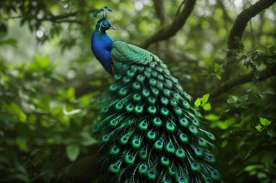 peacock, nature, green, majestic bird, back feathers, vivid colors, animal kingdom, wildlife, natural beauty, life in nature, blue color, tail feather, beauty in nature, bird, peacock perch, eye-catching feathers, bird beauty, open nature, long tail, ai generated