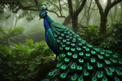 peacock, nature, green, majestic bird, back feathers, vivid colors, animal kingdom, wildlife, natural beauty, life in nature, blue color, tail feather, beauty in nature, bird, peacock perch, eye-catching feathers, bird beauty, open nature, long tail, ai generated