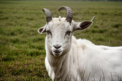 goat, animal, field, natural environment, nature, mammal, rural, green, white fur, domestic animal, horns, grazing animal, young, hedge, portrait, agriculture, livestock tag, food, organic farm, herbivore