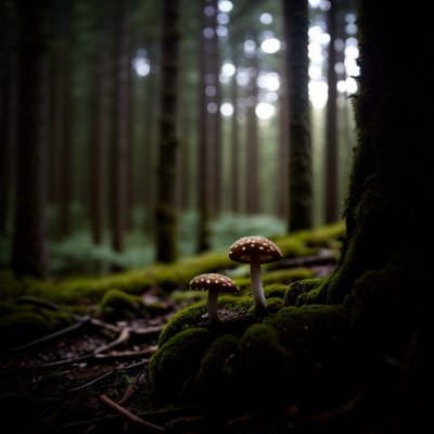mushroom, toadstool, forest, close-up, bokeh, moss, nature, mycology, light, still life, outdoor, mysticism, darkness, wood, twilight, peaceful, soil, fantasy, illumination, delicate