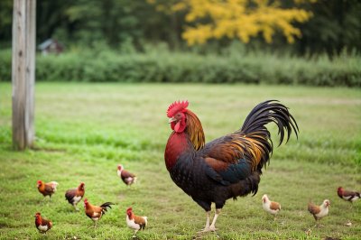 rooster, bird, colorful, farm, outdoors, feathered, rural, agriculture, grass, wing, comb, nature, male, standing, yard, livestock, industry, bird's eye