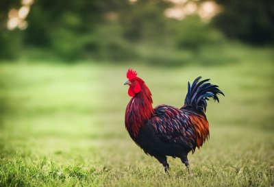 rooster, bird, colorful, farm, outdoors, feathered, rural, agriculture, grass, wing, comb, nature, male, standing, yard, livestock, industry, bird's eye