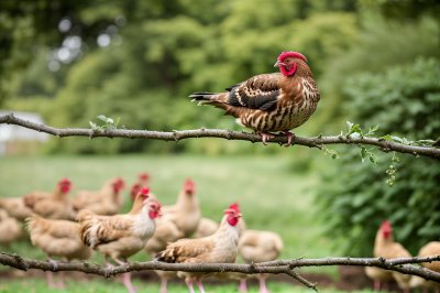 hen, agriculture, bird, clucking, branch, countryside, livestock, nature, outdoor, funny, color, white, brown, perched, singing, farm, cohesive, open beak, poultry, feather