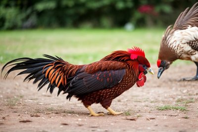 red comb, colorful feathers, young rooster, bird profile, outdoors, livestock farming, rural life, orange feathers, blue-green color, live animals, nature, wattles, rooster feathers, rooster comb, urae, green field, bright colors, avian world, natural world, agricultural production, farm ecosystem