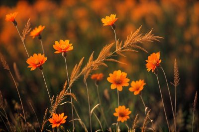 autumn, grasses, flowers, orange shades, bokeh, nature, focal point, aesthetic, grass, blur, autumn leaves, flora, macro, outdoor, background, autumn atmosphere, natural scene, detail, placement, out of focus
