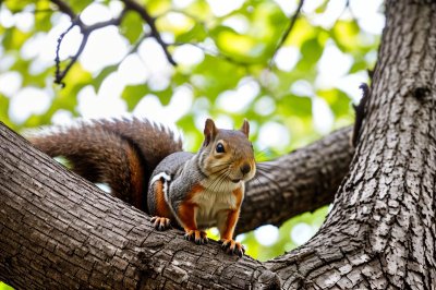 squirrel, rodent, wildlife, acorn, eating, tree branch, bark, hd wallpaper, cute, furry, forest, autumn, park, nature, background, bokeh, green leaves, bright, embodied, wallpaper