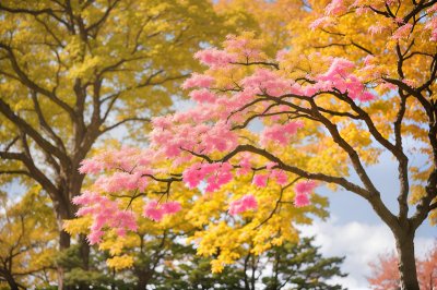 katsura, leaves, autumn, tree, yellow, pink, colorful, nature, bright, golden, autumn leaves, natural beauty, outdoor, macrophotography, beauty, nature scene, soft hues, natural pattern, detail, natural texture