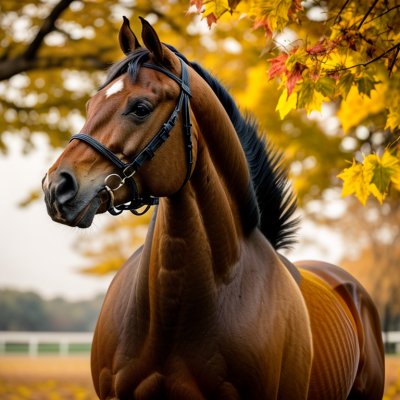 horse, arabian thoroughbred, autumn, yellow leaves, smooth coat, shiny fur, dark color, profile, nature, outdoors, agriculture, black horse, exterior, mane, beauty, elegance, farming, horse standing, countryside, pasture