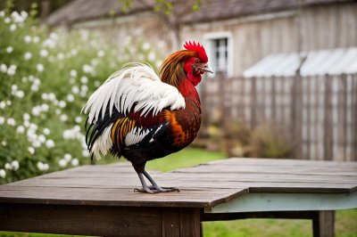 rooster, bird, countryside, spring, feather, table, garden, agriculture, proud, animal, outdoors, spotted, red-yellow, comb, standing, nature, poultry, wattle, feathering, hybrid