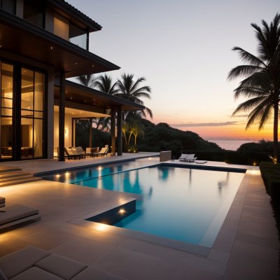 outdoor living area, swimming pool, sunset, luxury villa, neutral colors, modern architecture, outdoor terrace, villa with view, elegant design, natural surroundings, nature, open space, outdoor dining area, outdoor kitchen, relaxing retreat, contemporary style, comfortable seating, living space, summer outdoor activities, diverse landscape
