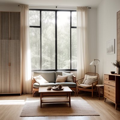 living room, modern design, natural light, wooden furniture, scandinavian style, indoor plants, large windows, comfortable sofa, elegant, interior design, light colors, cozy, terrace, home decor, potted plant, parquet flooring, spacious, elegant decor, minimalism, open floor plan