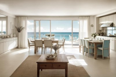 living room, kitchen, dining area, modern, luxury, ocean view, natural light, interior design, lounge area, elegant, breakfast nook, furniture, open living area, dramatic view, beach house, dining with view, holiday home, airy, bright interior, coastal style