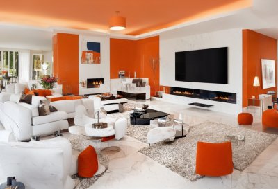 luxury living room, marble fireplace, modern interior, luxury decor, minimalist design, built-in shelves, light colors, wide-screen tv, comfortable furniture, floral decoration, luxury sofa, interior design elements, stylish chandelier, open living area, home comfort, relaxing atmosphere, large windows, luxury living, stone table