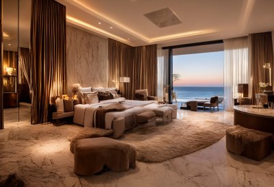 luxury interior, bedroom with sea view, marble wall, luxury chandelier, contemporary design, ambient lighting, open space, panoramic view, wooden floor, minimalist style, outdoor terrace, exclusive amenities, fully equipped wardrobe, comfort and elegance, gourmet experience, luxury decor, private residence, fireplace ambience
