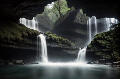 waterfall, cave, long exposure, nature, landscape, water, river, flow, rock wall, green moss, silence, tranquility, stream, refreshing, hiking, natural shelter, adventure, vacation, rainforest