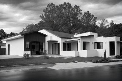 house, home, residential, modern, architecture, exterior, nature, landscaping, desert, plant, arid, sunny, light, shadow, suburban, neighborhood, front yard, agave, day, street, outdoor, property