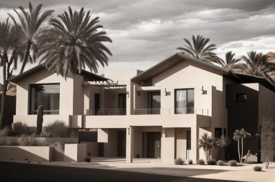 house, modern, facade, desert, architecture, building, suburban, garage, driveway, nature, yard, plant, landscape, outdoor, suburban street, tree, sunny, shadow, desert plant, residential, neighborhood