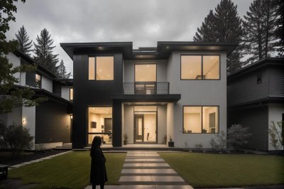 ai generated, modern house, exterior architecture, family home, luxury real estate, wood siding, stone accent, pine forest, private residence, countryside landscape, suburban house, middle class, decorative garden, facade lighting, warm home lighting, ornamental fence, luxury architecture, detached house, front yard, property, real estate investment