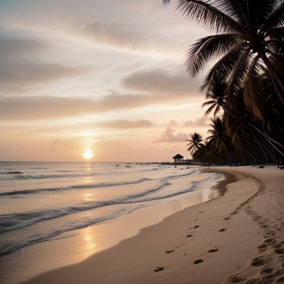 beach, sunset, tropical, palm trees, ocean, sea, sand, turquoise, sky, paradise, clouds, beautiful view, calm, warm, water, vacation, summer, nature, dawn, holiday destination, natural beauty, travel
