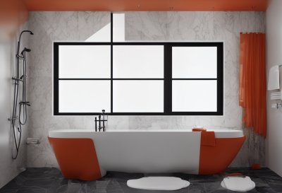 bathtub, bathroom, window, stone, black and white, tile, brick, candle, decoration, stool, luxury, relaxation, cozy, design, home, urban, lighting, french window, interior