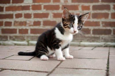 kitten, calico, cat, nature, cute, pet, brick, wall, floor, sitting, orange, black, portrait, outdoors, young, animal, smoky, fur, tile, hairy, street scene, exterior