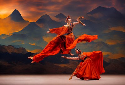 traditional dance, masked dancer, mountain landscape, outdoor festival, cultural tradition, elaborate costume, festival mask, traditional culture, colorful clothing, dance in the open air, mountain culture, dance performance, colorful flag, traditional ritual, folk festival, autumn festival, himalayan culture, ritual dance, celebration of autumn arrival