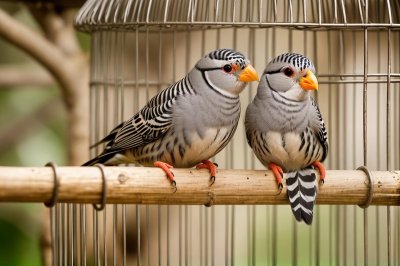 zebra finch, bird cage, exotic bird, bird pair, bird beaks, black and white stripes, red beak, natural habitat, bird indoors, wooden perch, bird care, mating, domesticated birds, wooden cage, feather coloration, bird warmth, wings, bird nest, bird habitat